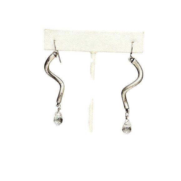 Silver Tone Curved Dangle Earrings with Clear Quartz Teardrop Crystal - Picture 3 of 5